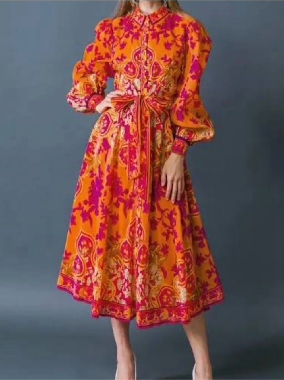 Flying Tomato Orange & Pink Paisley Midi Dress with Tie Waist